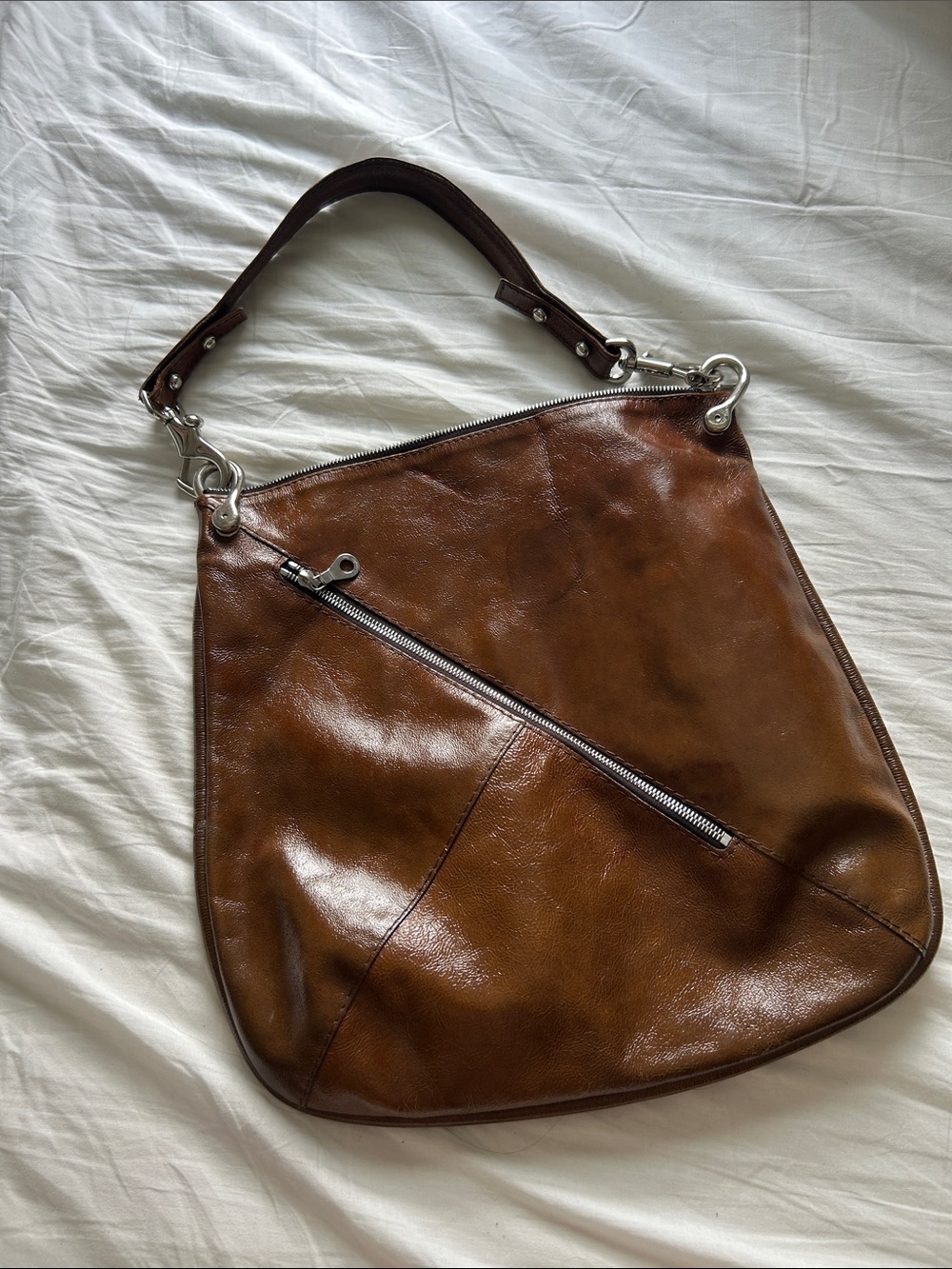 Leather Hobo Bag with Diagonal Zip